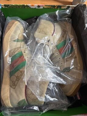 Gucci Beige Canvas High-Top Sneakers with Green & Red Web Stripe